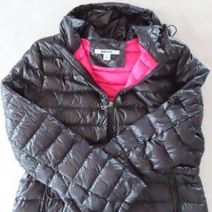 DKNY Down Hooded Packable Black Puffer Coat Jacket Pink Lined Lightweight Large